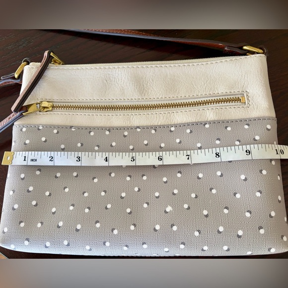 FOSSIL Crossbody Bag Tan Gray Shoulder Purse Polka Dot Adjustable Strap - Picture 7 of 10
